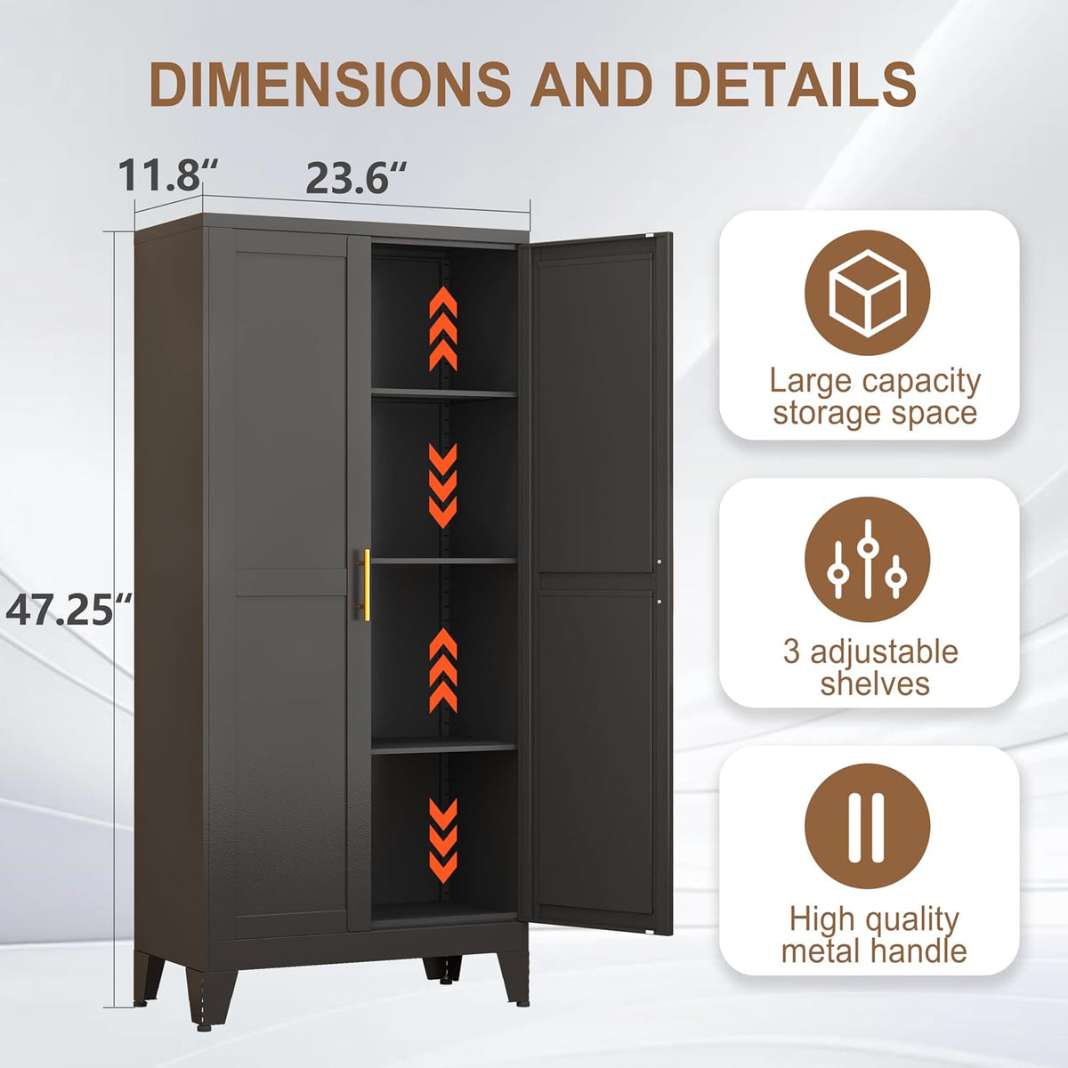 PAOFIN Metal Kitchen Pantry Storage Cabinet with 2 Doors and 3 Adjustable Shelves,Pantry Cabinet with Adjustable Leveling Foot for Kitchen, Living Room, Dining Room（Black）