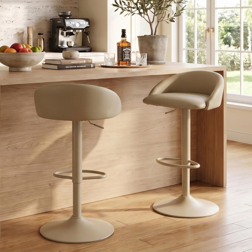 YOUNUOKE Bar Stools Set of 2 Modern Swivel Bar Stools, Khaki | PU Leather Adjustable Counter Height Stool with Low Back, Comfy Barstools for Kitchen Island, Cafe Bar