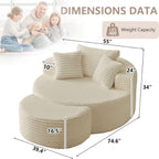 74.6" Oversized Round Chaise Lounge Chair with Ottoman Indoor, Fluffy Upholstered Corduroy Deep Seat Large Floor Circle Couch Sofa Chairs for Living Room, Bedroom, No Assembly Required, White