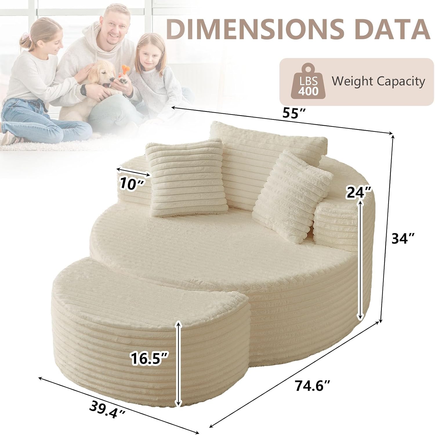 74.6" Oversized Round Chaise Lounge Chair with Ottoman Indoor, Fluffy Upholstered Corduroy Deep Seat Large Floor Circle Couch Sofa Chairs for Living Room, Bedroom, No Assembly Required, White