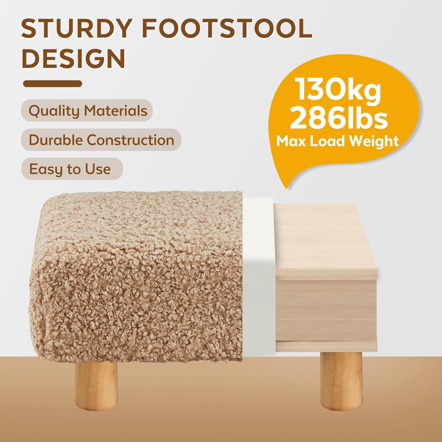 Small Foot Stool Ottoman, Sherpa Footstool Ottoman Foot Rest for Couch, Rectangle Footstools and Ottomans Small for Living Room, Entryway and Bedroom (Light Brown)