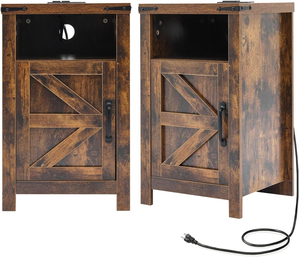 Brown Farmhouse Nightstand Set of 2, End Tables Set with Charging Station, Night Stand with Door and Storage Shelf, Sofa Side Table Living Room, Bedside Table for Bedroom