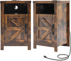 Brown Farmhouse Nightstand Set of 2, End Tables Set with Charging Station, Night Stand with Door and Storage Shelf, Sofa Side Table Living Room, Bedside Table for Bedroom