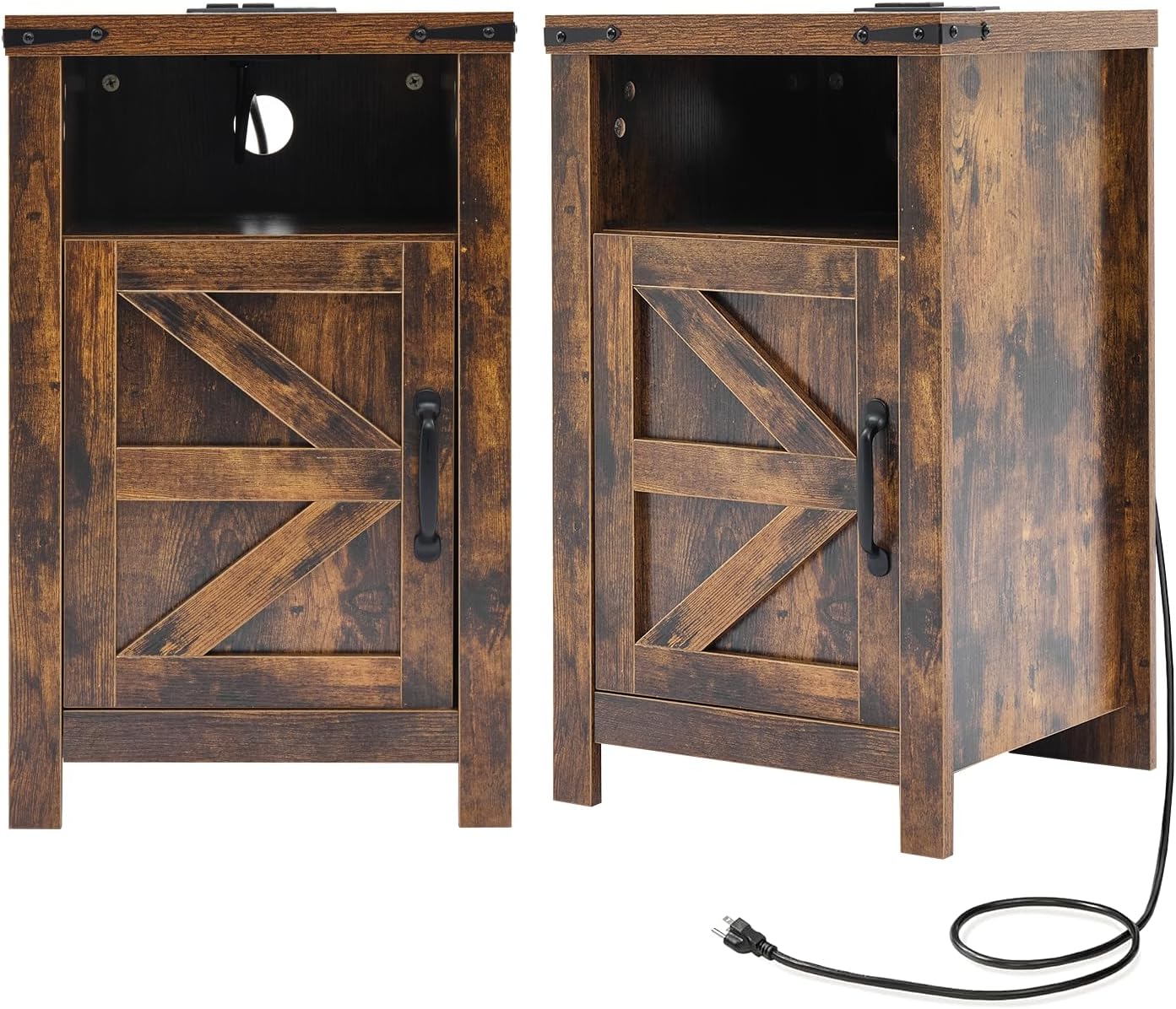 Brown Farmhouse Nightstand Set of 2, End Tables Set with Charging Station, Night Stand with Door and Storage Shelf, Sofa Side Table Living Room, Bedside Table for Bedroom