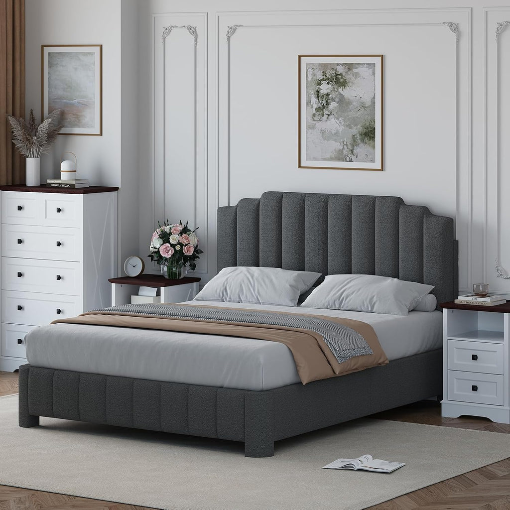 Queen Size Bed Frame with Adjustable Headboard, Grey Boucle Bed Frame