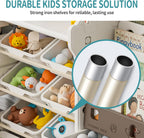 UNICOO Kids Toy Storage Organizer with Bookshelf, 14-Bin Playroom Organizer and Bookcase, HDPE Toddler Storage Shelf with Drawing Board, for Nursery, Bedroom and Playroom (Brown)