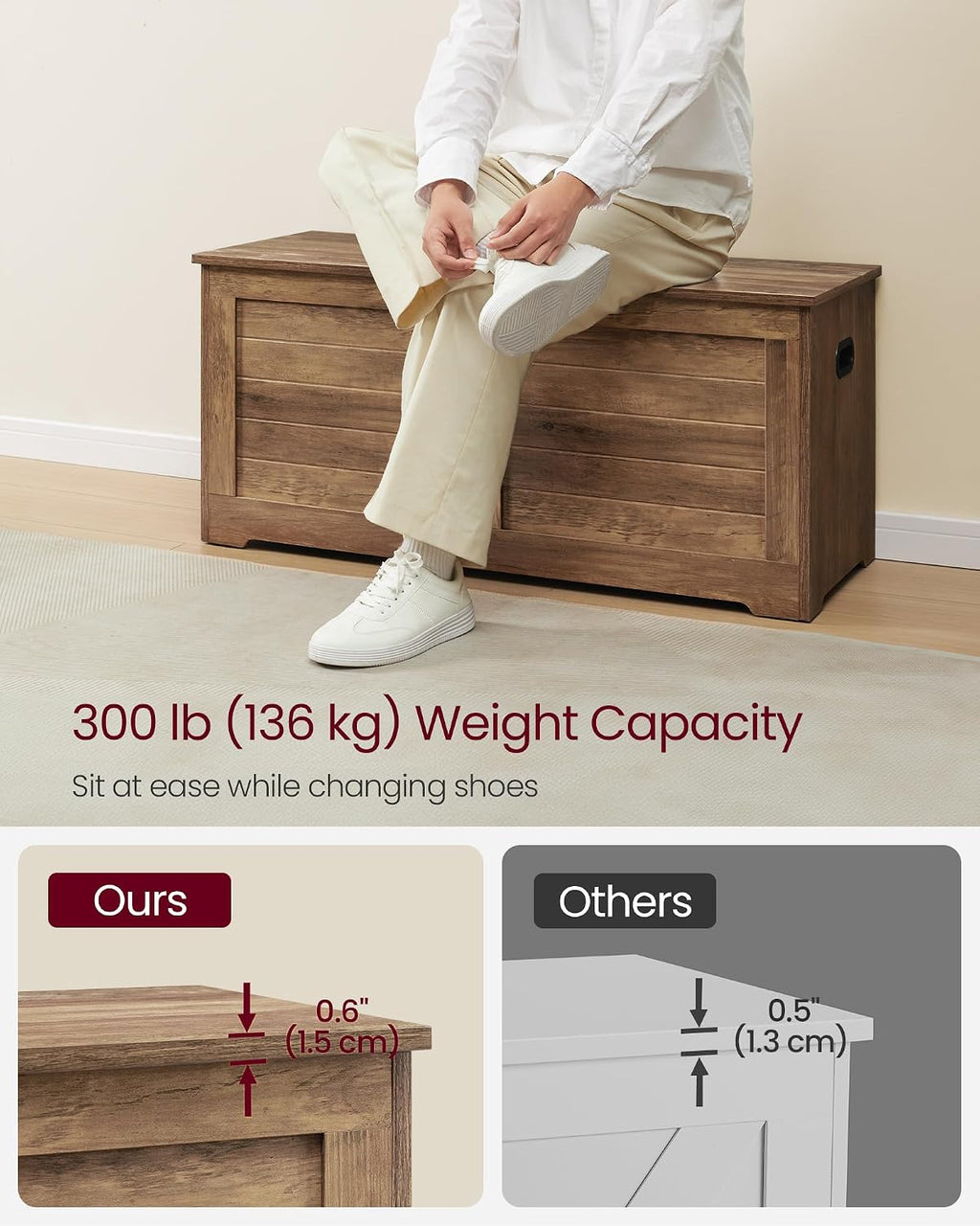 VASAGLE Storage Chest, 39.4 Inches Width Bench with 2 Safety Hinges | Farmhouse Style, for Entryway, Bedroom, Living Room, Honey Brown, SOFIE Collection ULSB061K01