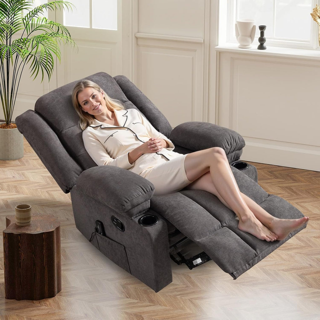 HAOMARKETS Classic Manual Recliners with Massage and Heat for Adults, Breathable Fabric Recliner Chair with 2 Cup Holders & Side Pockets, Overstuffed Heavy Duty Reclining Sofa for Living Room, Grey
