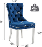 Dining Room Chairs Set of 4, Tufted Velvet Chairs with Modern Stainless Steel Legs, Rivet Trim Metal Pull Ring Large Back for Kitchen Dining Room Restaurant, Blue
