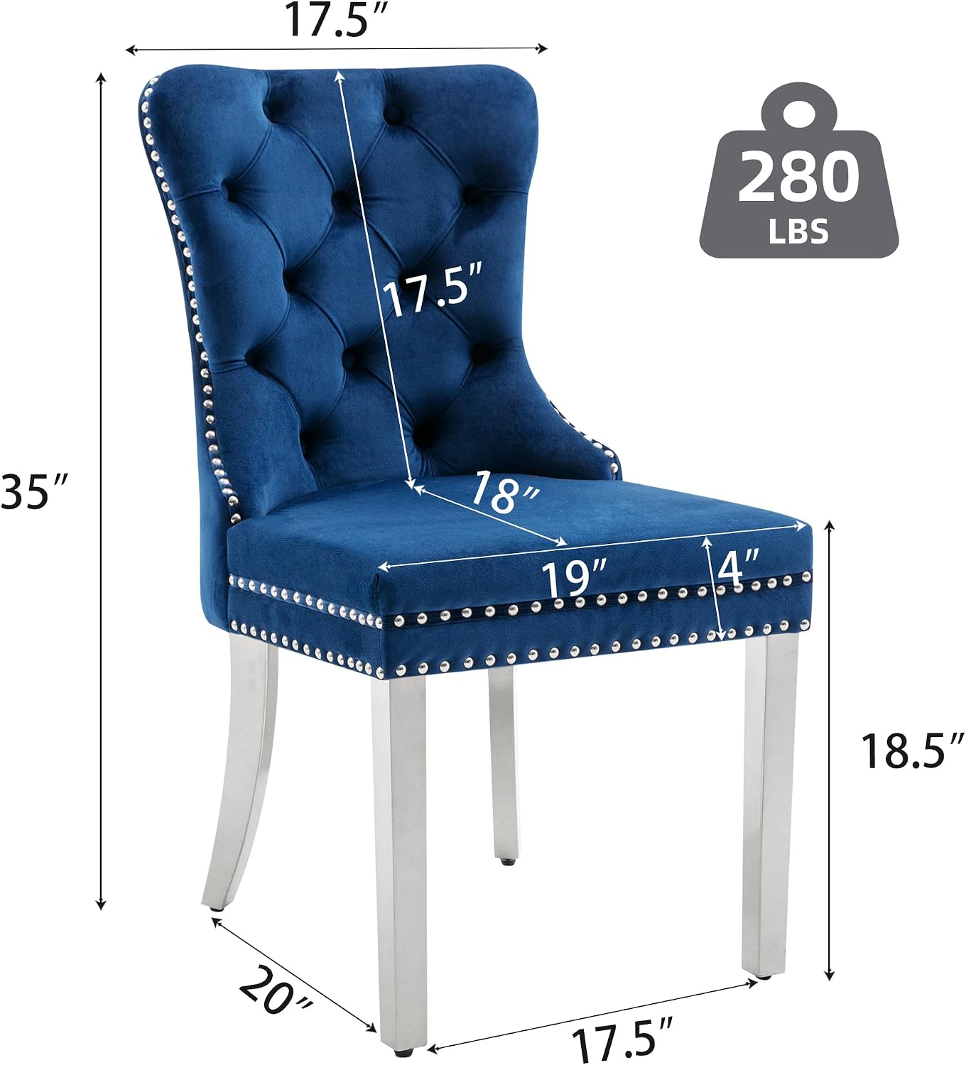 Dining Room Chairs Set of 4, Tufted Velvet Chairs with Modern Stainless Steel Legs, Rivet Trim Metal Pull Ring Large Back for Kitchen Dining Room Restaurant, Blue
