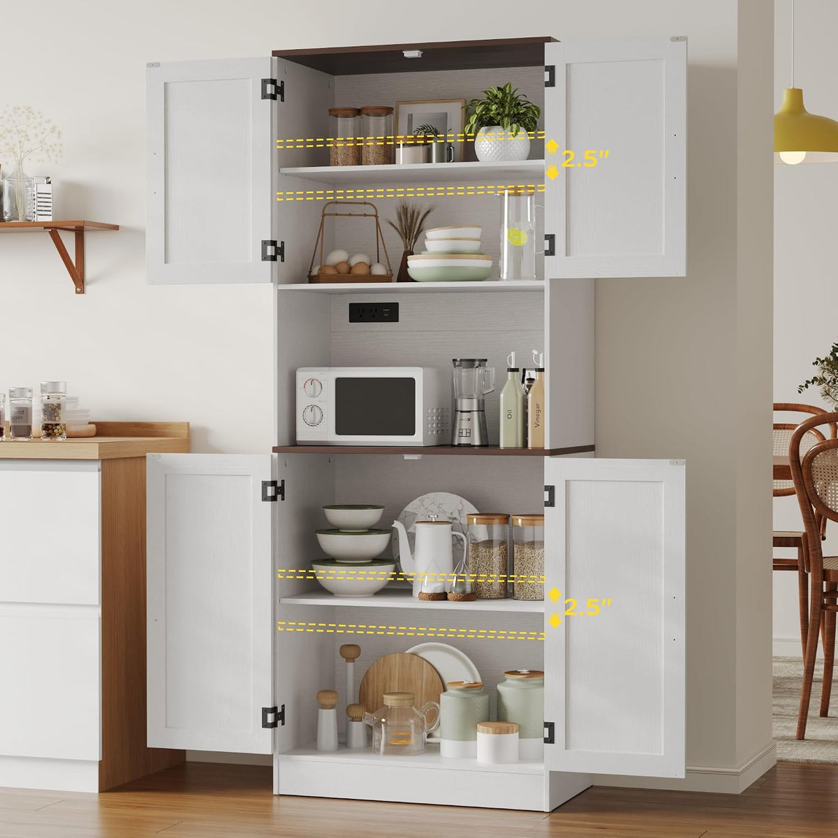 MHOM 71" Tall Pantry Cabinet with Charging Station, Farmhouse Kitchen Hutch with Adjustable Shelves, Modern Kitchen Pantry Storage Cabinet for Dinning Room & Living Room, Antique White