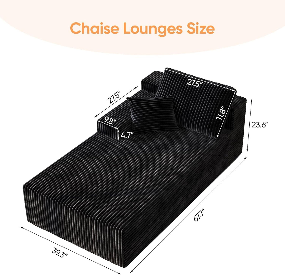 67" Sofa Bed, Chaise Lounge Chair, Plush Corduroy Upholstered Sofa Couch Bed with Pillows, Lazy Chair for Living Room Bedroom Guest Room (Black, Left Facing Chaise)