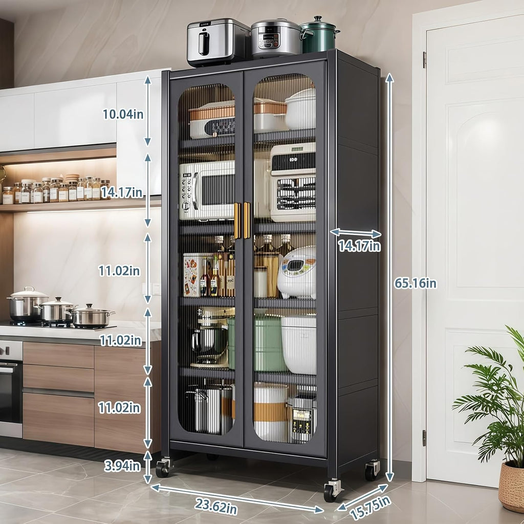 Spaco 65" Kitchen Pantry Storage Cabinet,5 Tiers Food Pantry Cabinet with Adjustable Shelves & Transparent Door,Metal Display Storage Cabinet on Wheels for Kitchen,Living Room and Dining Room. (Grey)