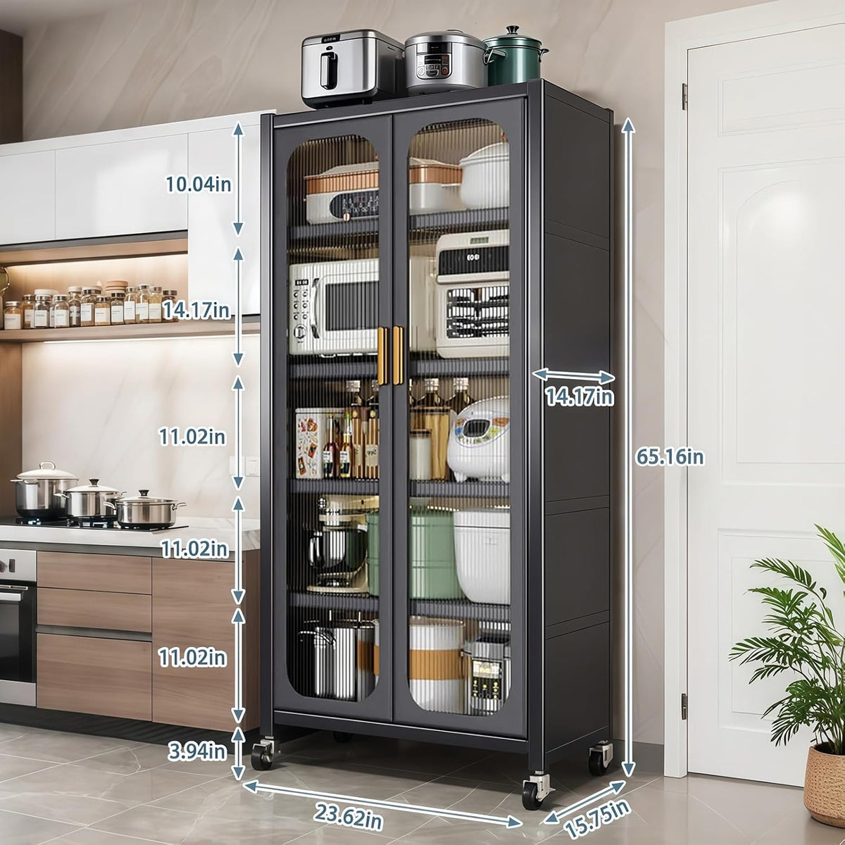 Spaco 65" Kitchen Pantry Storage Cabinet,5 Tiers Food Pantry Cabinet with Adjustable Shelves & Transparent Door,Metal Display Storage Cabinet on Wheels for Kitchen,Living Room and Dining Room. (Grey)