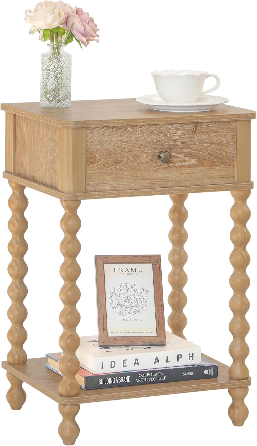 AWASEN Night Stand, Wood End Table with Drawer for Living Room, Small Bedside Side Table with Spindle Wood Legs for Bedroom, Office, Rustic Walnut