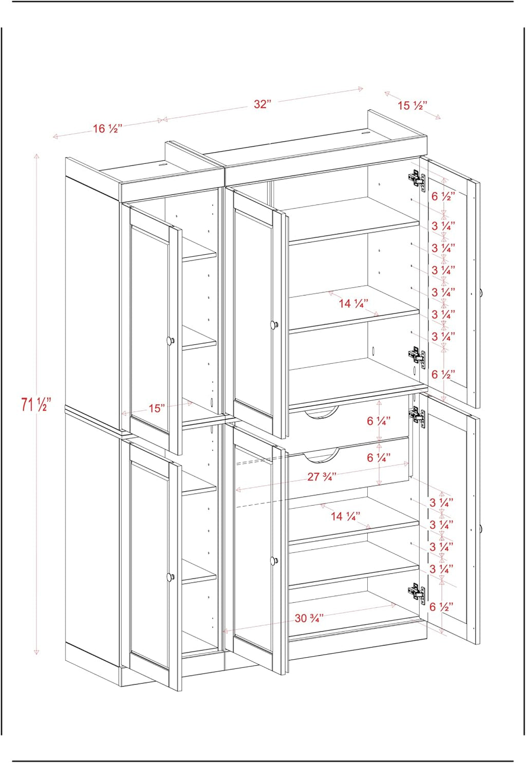 Palace Imports Solid Wood Kitchen Pantry Cabinet - 71.5" Tall x 48.5" Wide - Freestanding Storage Pantry w/ 2-Drawer Kit & Adjustable Shelves - Mocha, Renewable Eco-Friendly 100% Wood, Made in Brazil