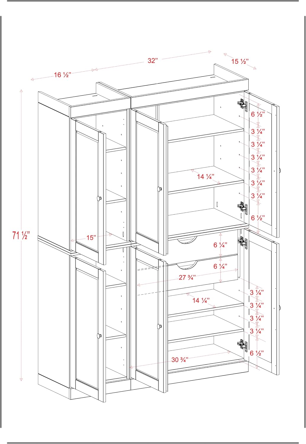 Palace Imports Solid Wood Kitchen Pantry Cabinet - 71.5" Tall x 48.5" Wide - Freestanding Storage Pantry w/ 2-Drawer Kit & Adjustable Shelves - Mocha, Renewable Eco-Friendly 100% Wood, Made in Brazil