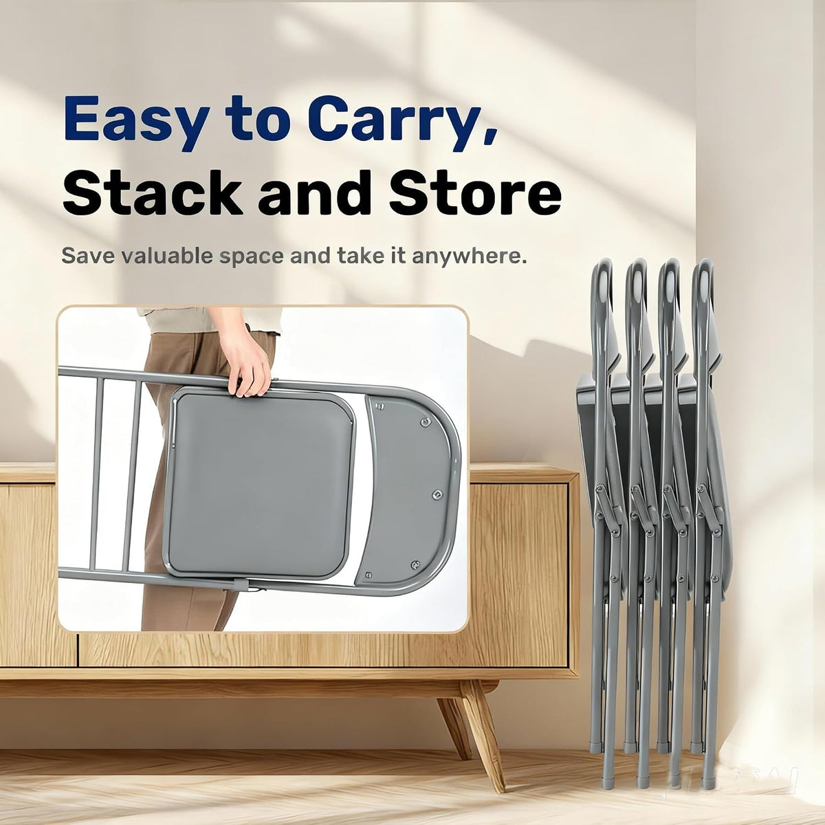 Simple Deluxe Dining Chairs Set of 2, Leather Cushion Foldable Modern Kitchen Side Chair with Padded Back& Metal Legs, Upholstered Dinner Seat Gift for Home/Living Room/Bedroom/Restaurant, Grey