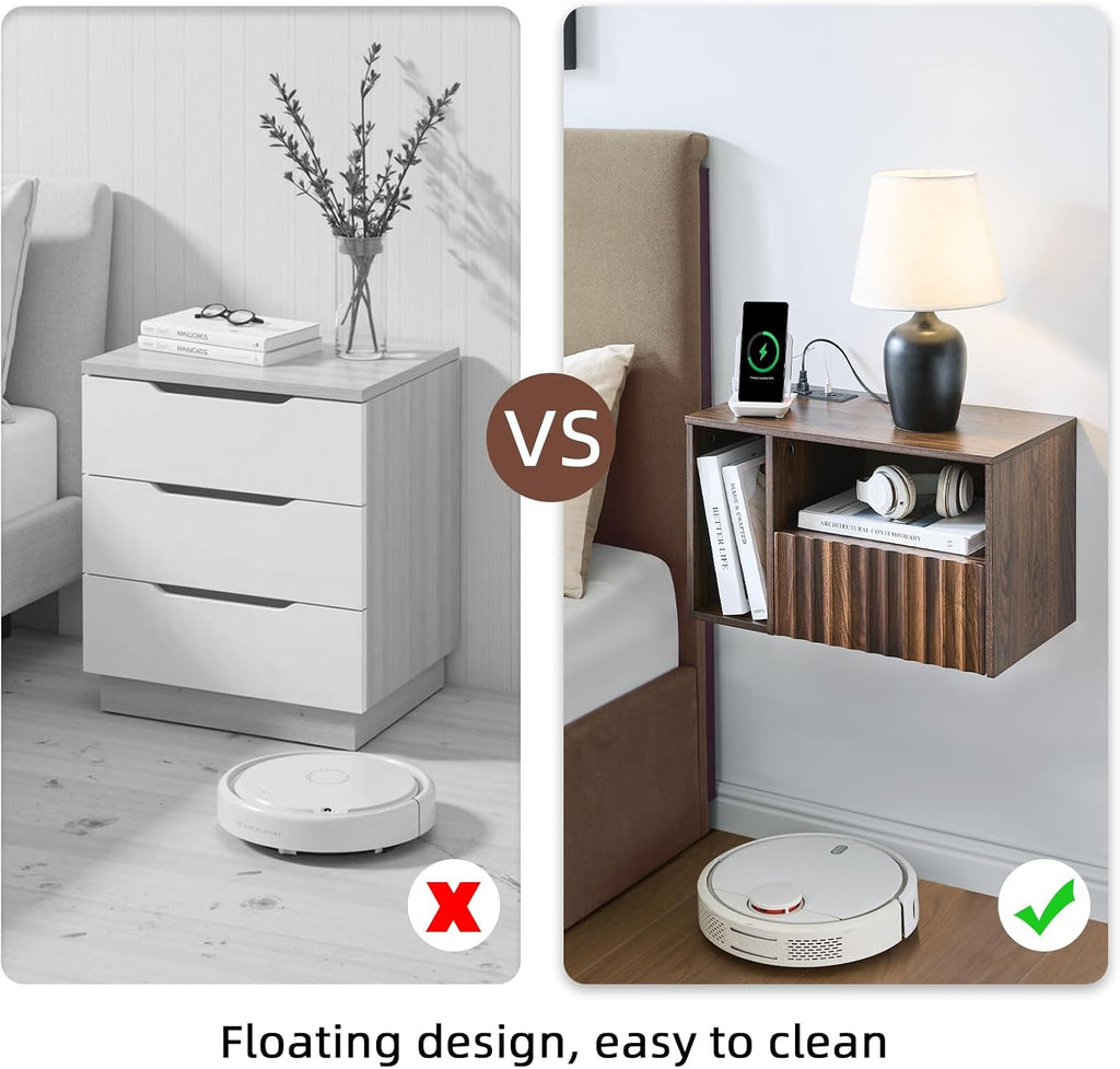 BuildHom Floating Nightstand Set of 2 with Charging Station, Walnut | Wall Mounted Side End Table with Drawer, Modern Fluted Design, 21 inch Larger Storage Night Stand with Outlet for Bedroom