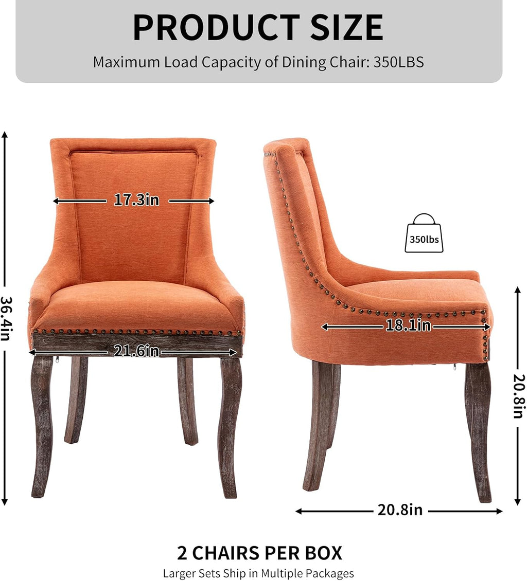 Modern Dining Chairs Set of 4, Fabric Upholstered High Back Chairs with Nailhead Trim and Curved Solid Wood Legs, Sillas de Comedor Accent Chairs for Dining Room, Orange