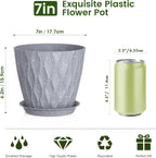7 inch Plant Pots for Indoor Outdoor Plants, 5 Pack Thick Flower Pots with Drainage Holes and Saucers, 3D Modern Wave Texture Plastic Planter Nursery Pots, Speckled Grey