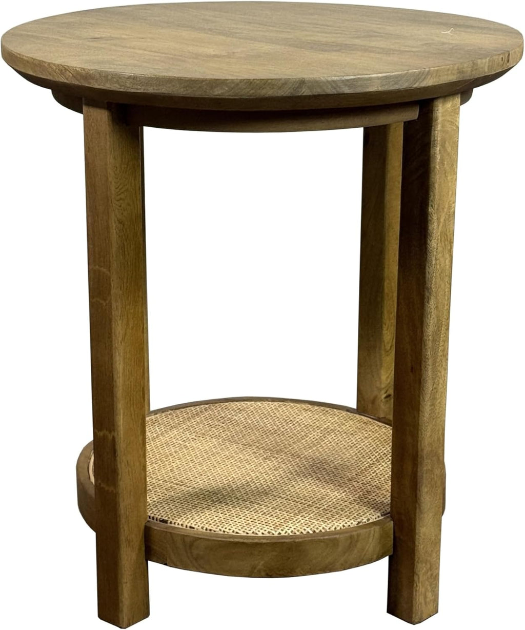 Carolina Chair & Table Haven 20" Round Accent Table with Handwoven 1 Cane Shelf Vintage Blonde Acacia Finish Wooden Side Table Compact Home Storage Furniture for Bedroom, Living Room, Dining Room