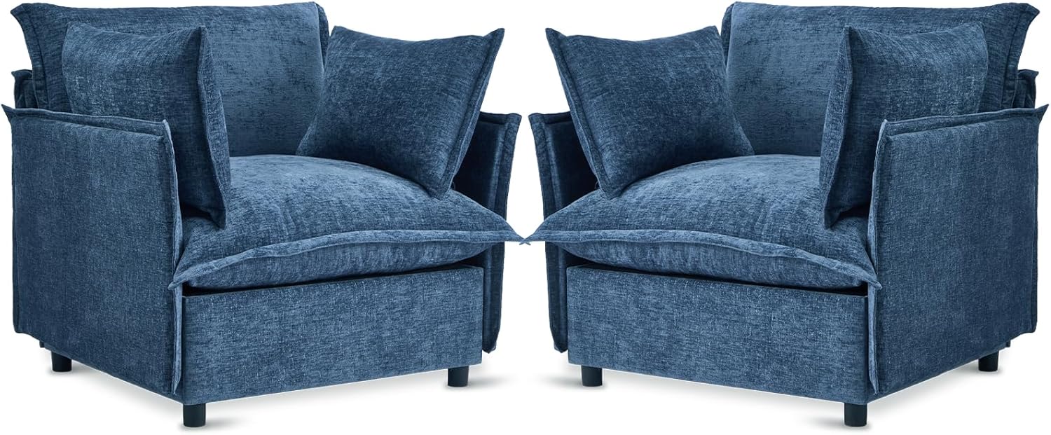 VINGLI 34" Width Oversized Accent Chairs Set of 2, Navy Sofa Reading Chair Upholstered Armchair Soft Chenille Fabric Living Room Chairs Sofa for Bedroom, Home Office, Play Room