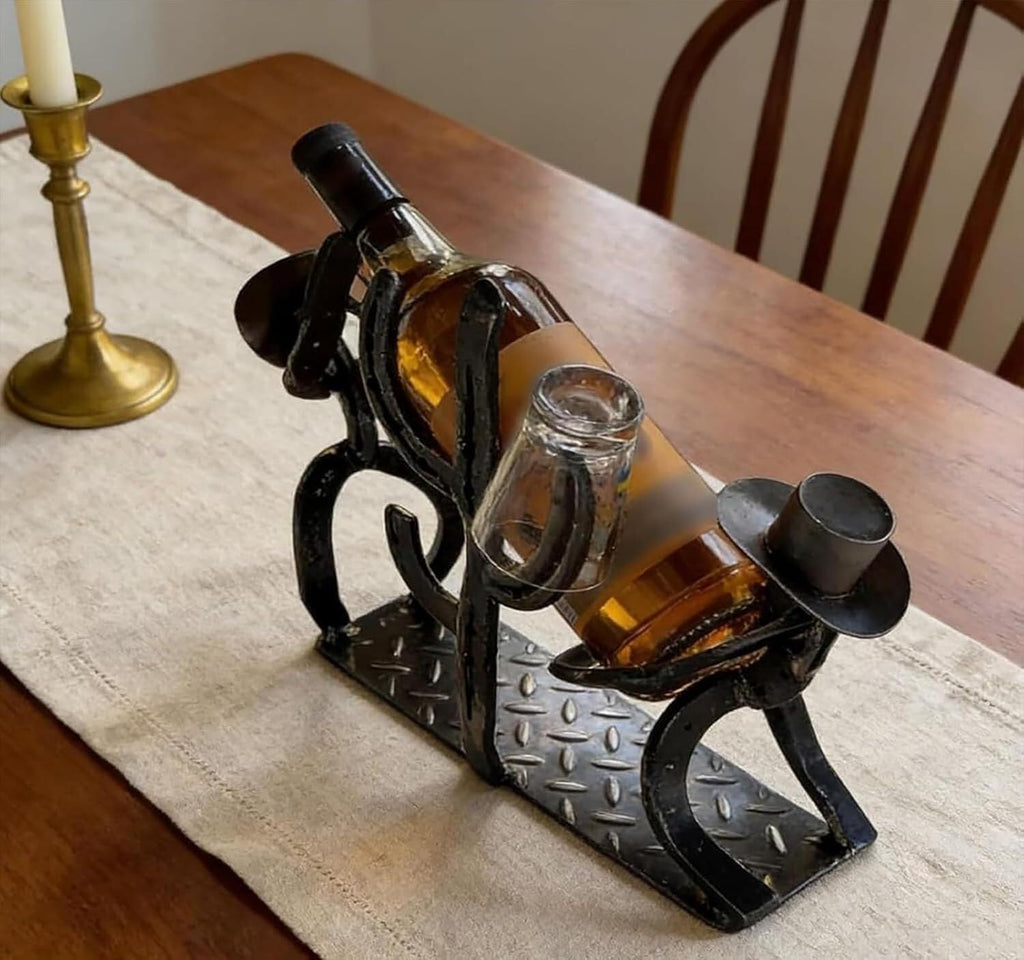 Cowboy Wine Bottle Holder Gift for Men - Heavy Duty Metal Cactus Wine Rack - Rustic Western Decor Countertop Stand - Unique Southwestern Sculpture for Bar, Kitchen, Office