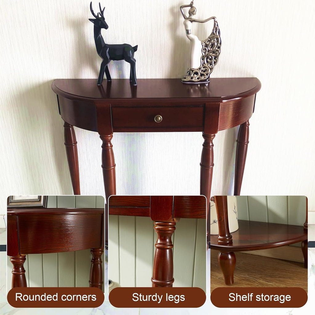 Half Moon Console Table, Solid Wood Console Tables with Drawer and Shelf, for Living Room, Hallway, Foyer, Entrance(35.4 * 11.8 * 31.5in)