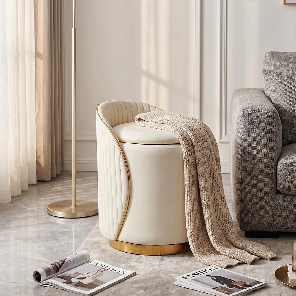 Luxury Vanity Stool with Storage, 360° Swivel Vanity Chair with Back, 400lbs Round Ottoman Leather Makeup Vanity Stool, Dressing Table Seat for Bedroom Bathroom Dressing Room (Beige- B)