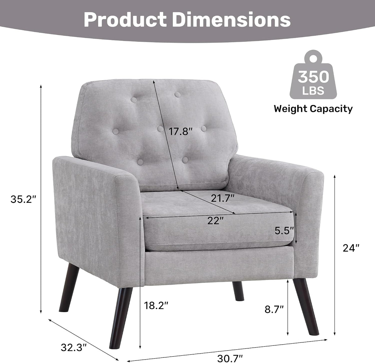 Accent Chair Set of 2, Mid Century Modern Living Room Chairs, Upholstered Armchair with Tufted Back & Wood Legs, Single Sofa Reading Side Chair for Bedroom Office Waiting Room, Light Grey