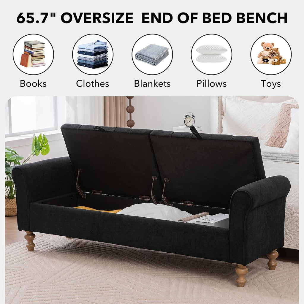 65" Oversize Storage Ottoman Bench, Fleece Upholstered End of Bed Benches with Rolled Armrest, Modern King Size Benches with Rolled Armrest, Window Bench (Black+Dual-Cover)