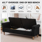 65" Oversize Storage Ottoman Bench, Fleece Upholstered End of Bed Benches with Rolled Armrest, Modern King Size Benches with Rolled Armrest, Window Bench (Black+Dual-Cover)