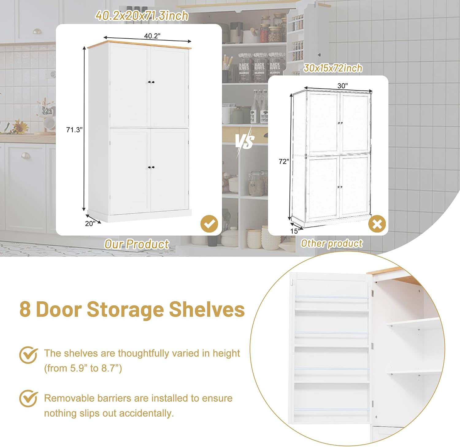 Merax 71" H Kitchen Pantry Large Cupboard Storage Cabinet with 4 Doors, Organizer, Drawer and Adjustable Shelves,Wood Cupboard for Kitchen, Dining Room, Bathroom, White