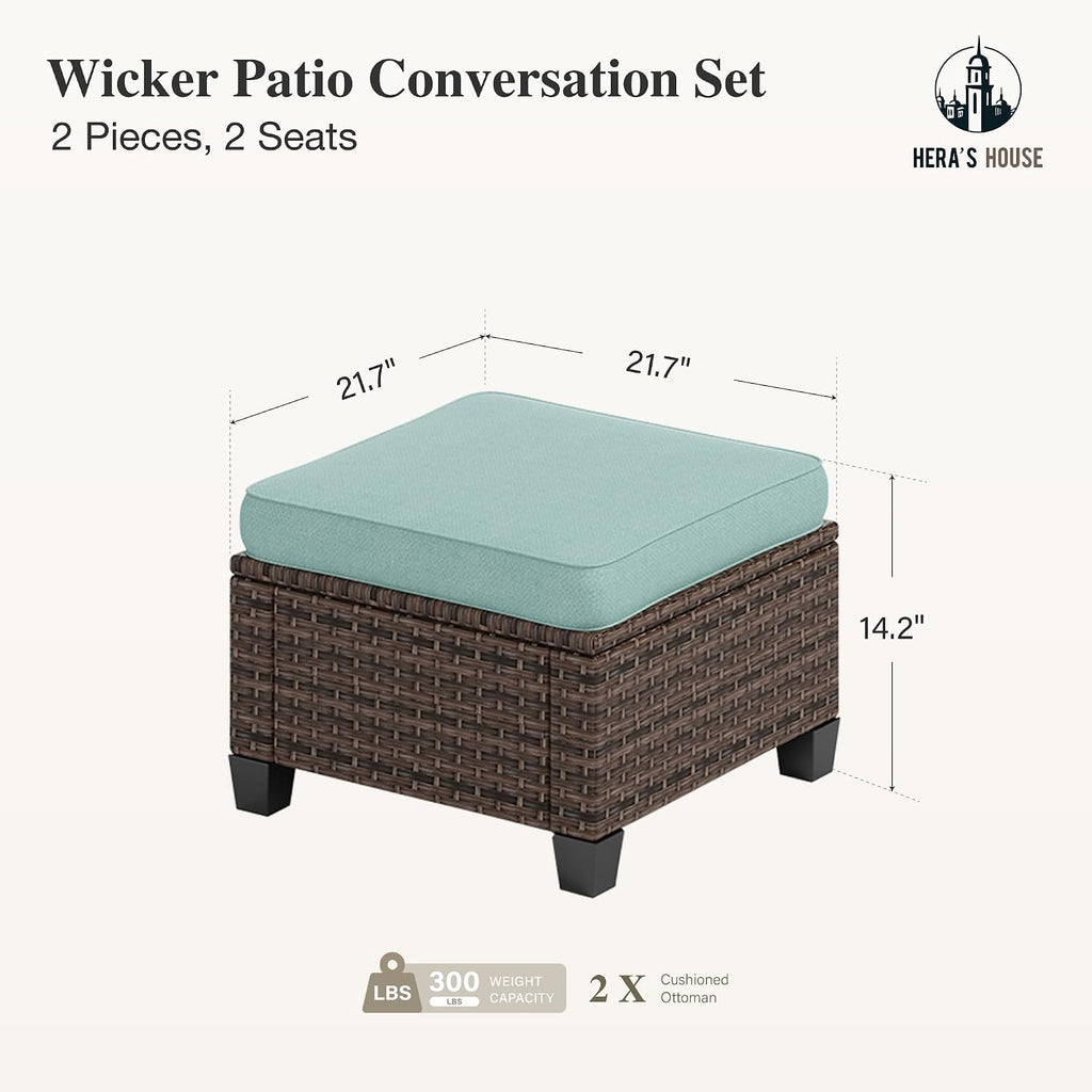 HERA'S HOUSE Outdoor Wicker Ottoman Set of 2, Patio Footstool Footrest Seat with 4" Cushions, 2 Pieces Brown Rattan Garden Stool, Blue