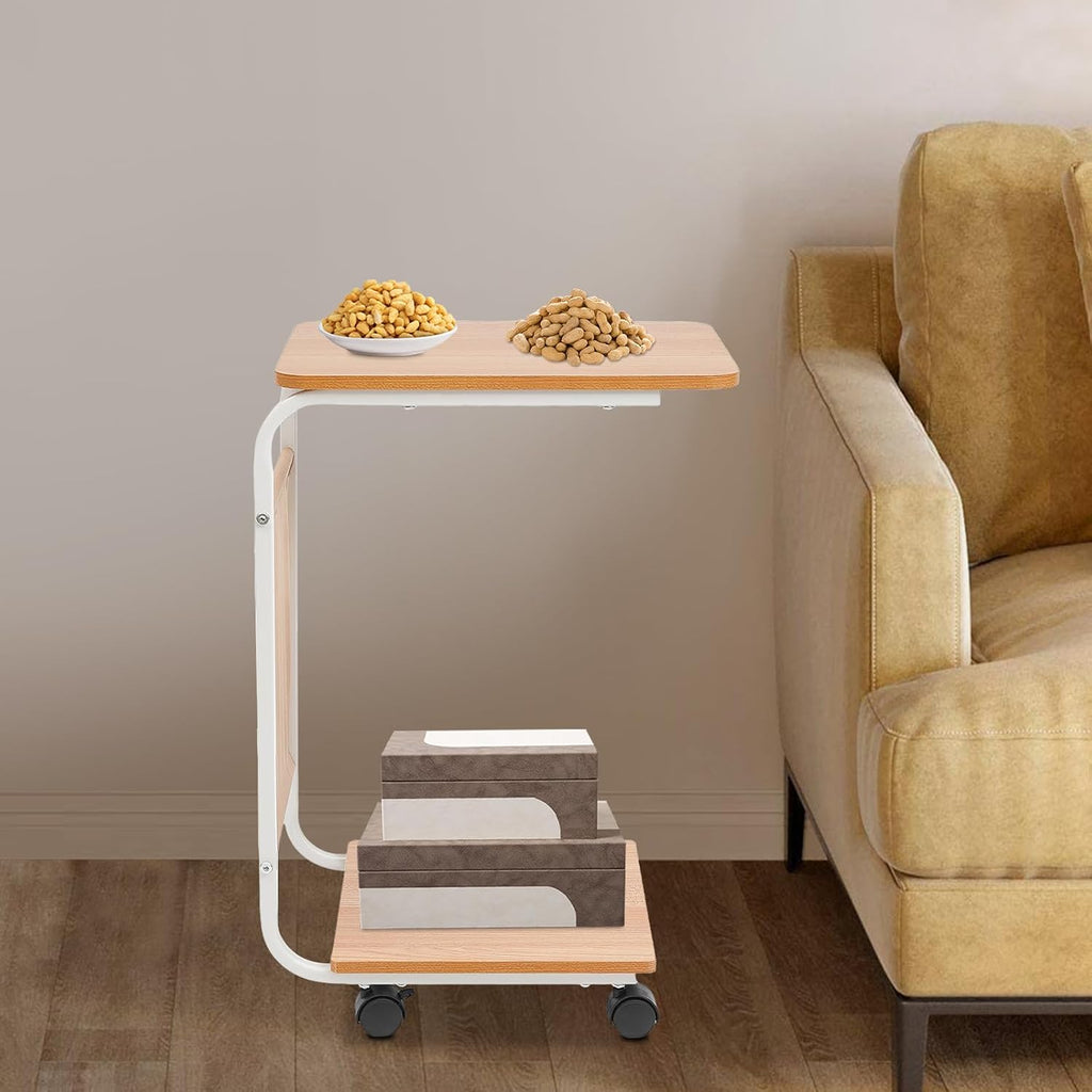 C-Shaped Side Table w/Wheels, C-Shaped Coffee Table, Bedside Side Table, Couch Table, Couch Tray Tables, Small End Table for Small Spaces, Living Room, Bedroom (White, Wood Color)