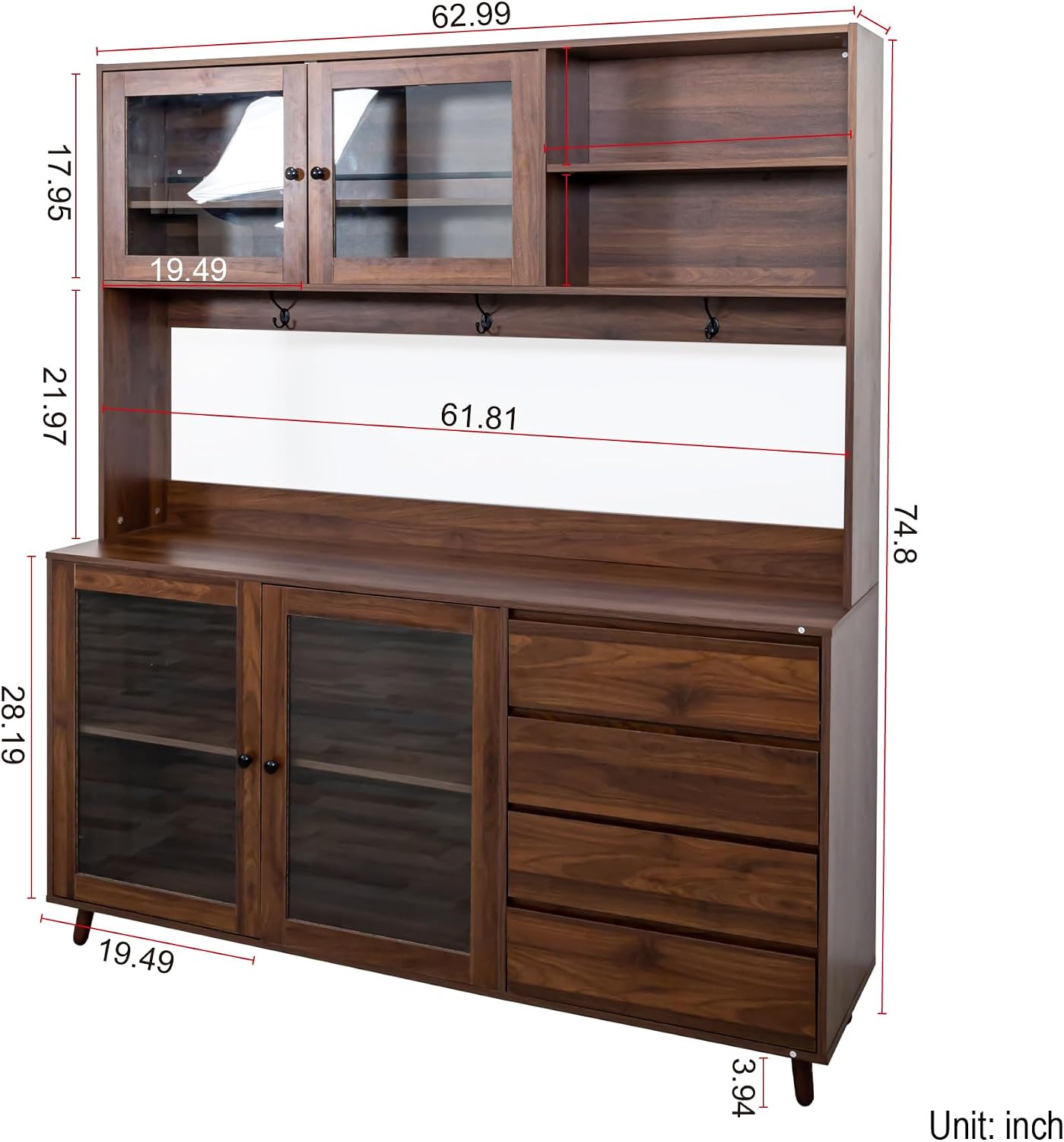 Spacious 63" Kitchen Pantry Cabinet, Freestanding Hutch with 4 Doors & 4 Drawers, Large Storage Cupboard with Microwave Shelf for Kitchen and Dining Room (Walnut)