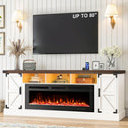 77 INCH Fireplace TV Stand for 85 Inch TVs, Farmhouse Entertainment Center with 50" Electric Fireplace and Power Outlets, LED Media Console Cabinet for Living Room, White