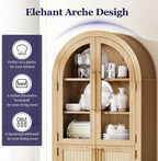 71" Tall Arched Cabinet with Glass Doors, Kitchen Pantry Storage Cabinet with Dust-Proof Rattan, 5-Tier Curio China Cabinet with Adjustable Shelves for Living Room Dining Room, Oak