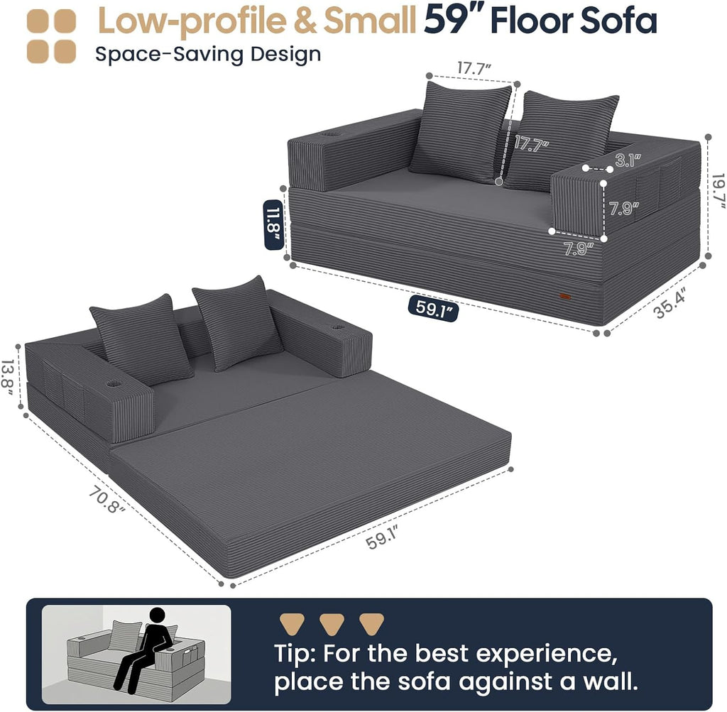 COMAX Futon Sofa Bed, Convertible Sofa Bed, Folding Couches | Low-Profile Small Couch for Living Room, 11.8" H Low Seat 59" Foldable Floor Sofa Lounge Space‑Saving