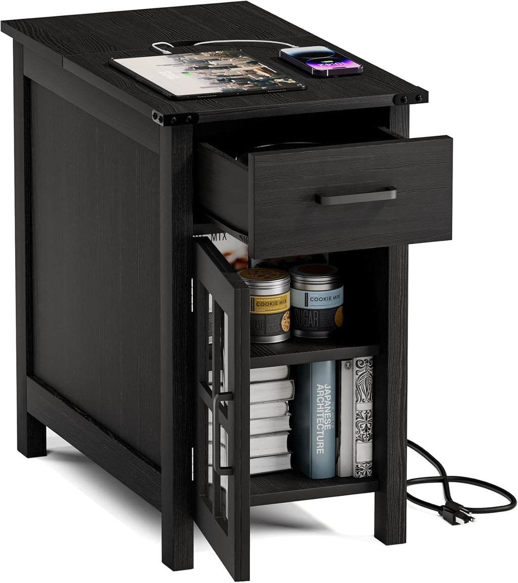Farmhouse End Table with Charging Station, Narrow Side Table for Living Room, Sofa Side Table with Drawer and Storage Cabinet, Small Nightstand for Bedroom, Home Office