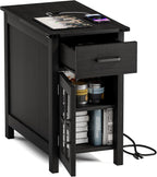 Farmhouse End Table with Charging Station, Narrow Side Table for Living Room, Sofa Side Table with Drawer and Storage Cabinet, Small Nightstand for Bedroom, Home Office