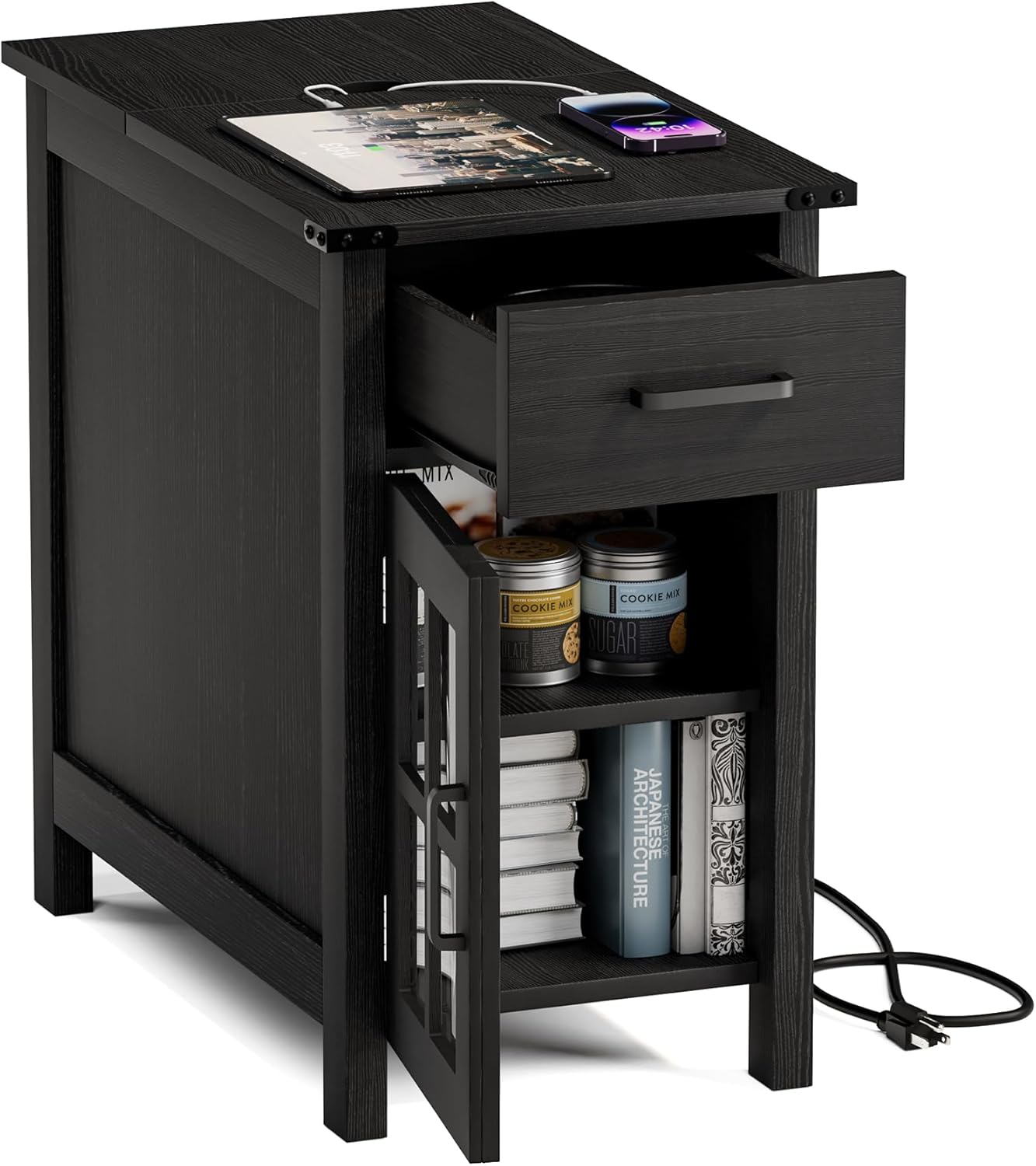 Farmhouse End Table with Charging Station, Narrow Side Table for Living Room, Sofa Side Table with Drawer and Storage Cabinet, Small Nightstand for Bedroom, Home Office