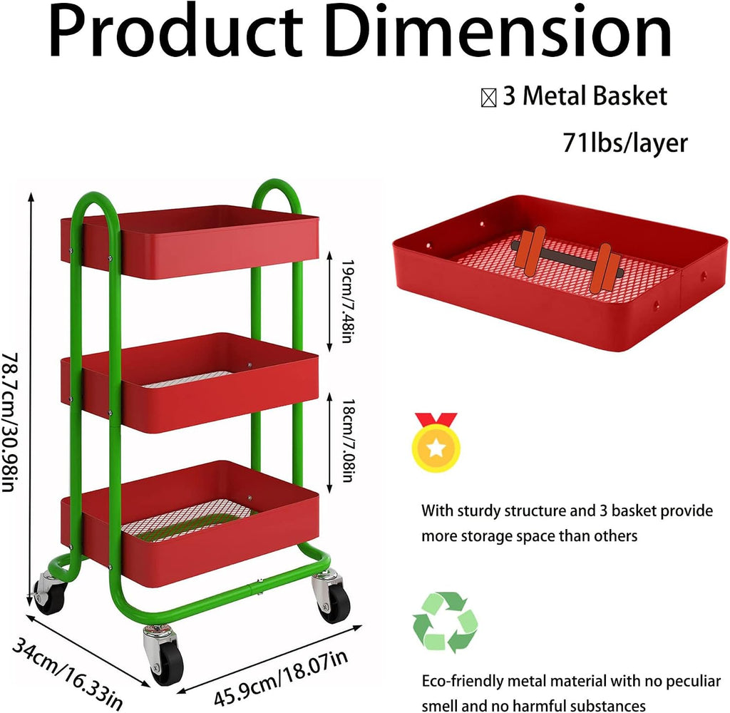 Metal Rolling Cart,3-Tier Metal Rolling Cart with Wheels,3 Tier Utility Cart with Wheels for Office,Home,Kitchen,Garden（13.4"x18.1"x31"） Red+Green