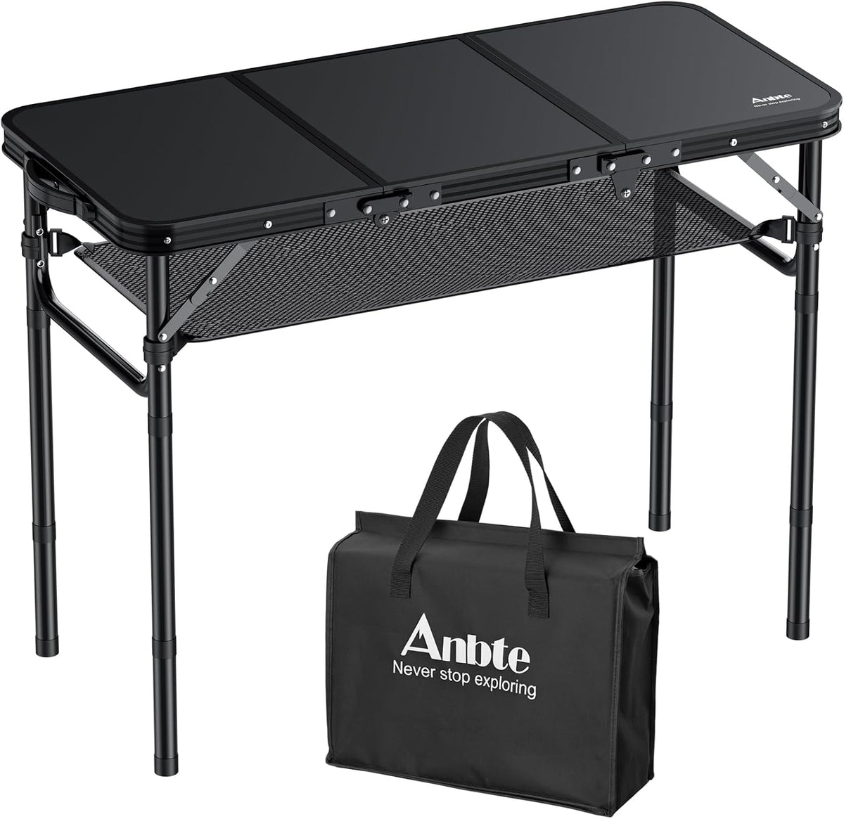 Anbte Folding Camping Table with Storage Net, 3ft Portable Table, 35" x 16" | Aluminum Folding Table, 3 Adjustable Height Max 27.5", Picnic Table For Indoor Outdoor Backyard Travel Tailgate, Pure Black