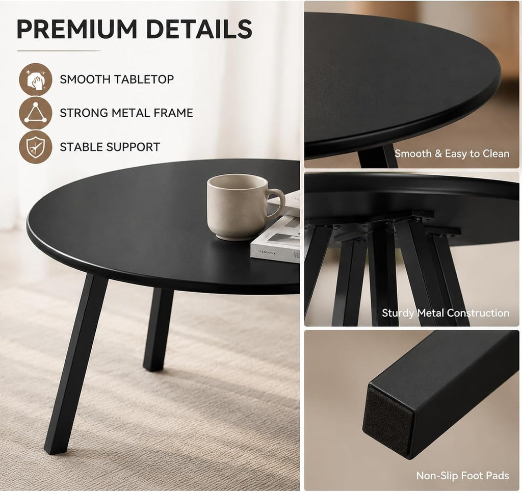 2-Piece Round Nesting Coffee & Side Table Set, Black Metal | Space-Saving Design, Non-Slip Foot Pads, Smooth Easy-Clean Top, Indoor & Outdoor Use, Sturdy Metal Frame
