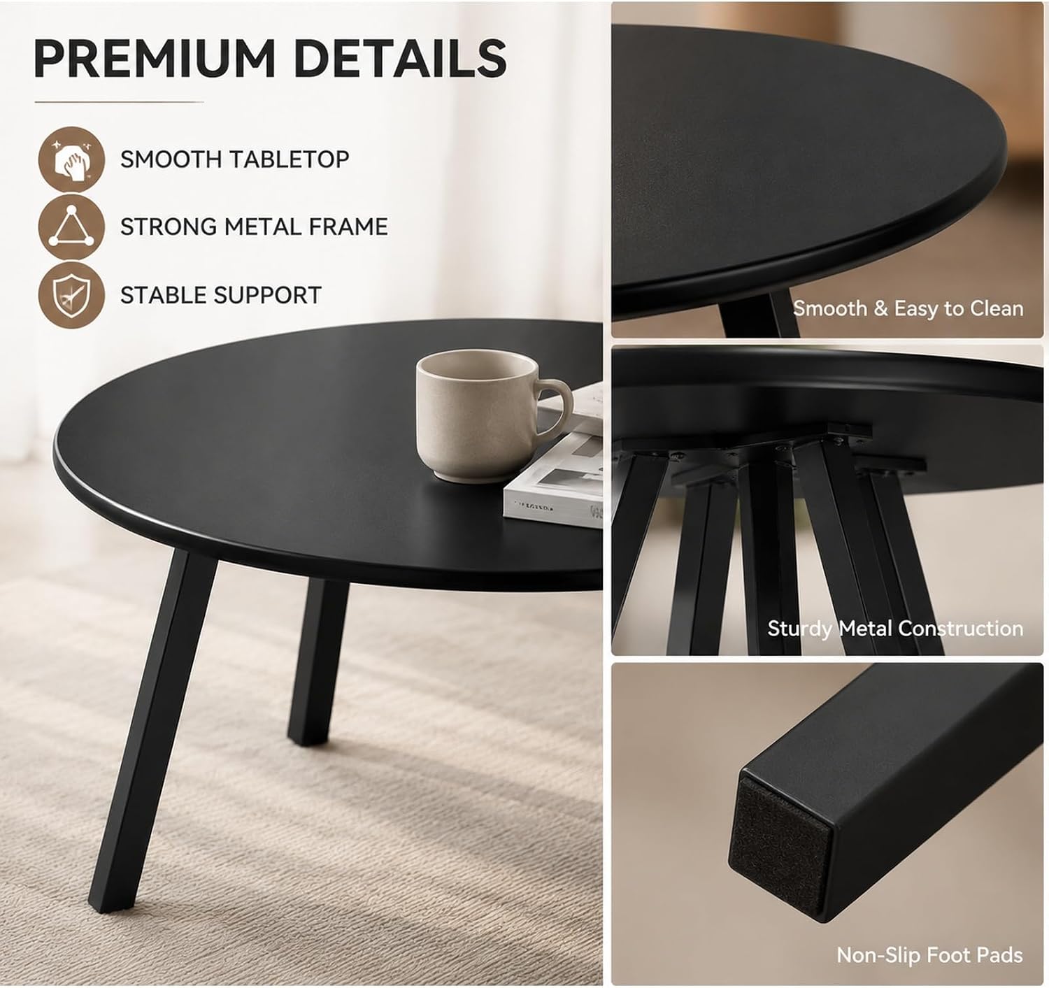 2-Piece Round Nesting Coffee & Side Table Set, Black Metal | Space-Saving Design, Non-Slip Foot Pads, Smooth Easy-Clean Top, Indoor & Outdoor Use, Sturdy Metal Frame