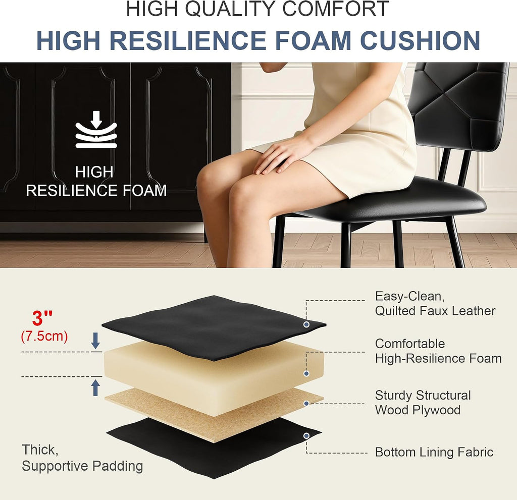 VECELO Dining Chairs Set of 2, Modern Upholstered Kitchen Chairs with Faux Leather Cushion Seat & Metal Legs for Kitchen, Living Room, Tufted Backrest Design, Black