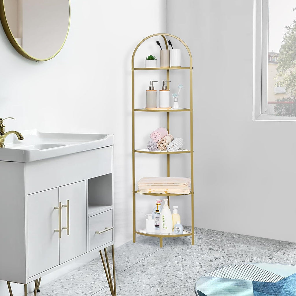 Homhedy 5-Tier Corner Shelf Stand, Metal Corner Bookshelf, Tempered Glass Shelves, Bathroom Storage Rack Shelf, Plant Stand, Modern Style, Golden