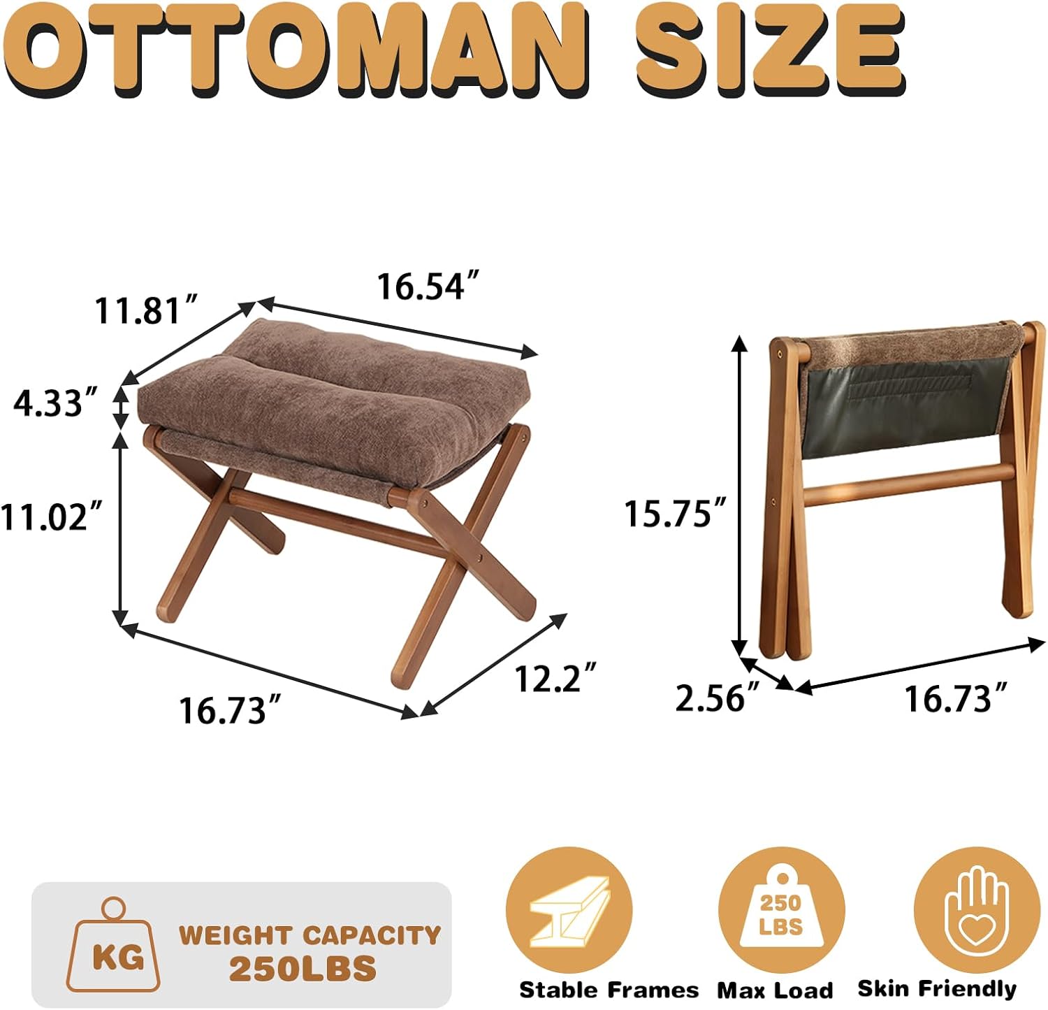 Baveke Ottoman Foot Rest- Bamboo Foldable Stool, Foot Stools Small Ottman with Upholstered & X Legs, Folding Stool for Makeup, Bedroom and Living Room, FSC-Certified (Small Brown)